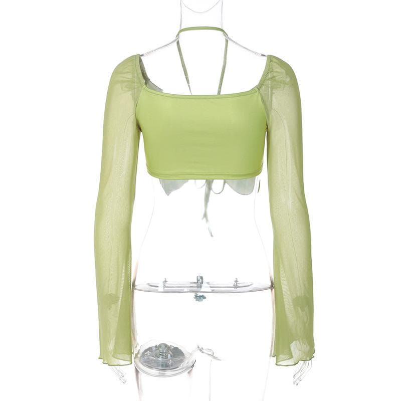 Long sleeve halter butterfly pattern drawstring crop top