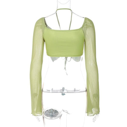 Long sleeve halter butterfly pattern drawstring crop top