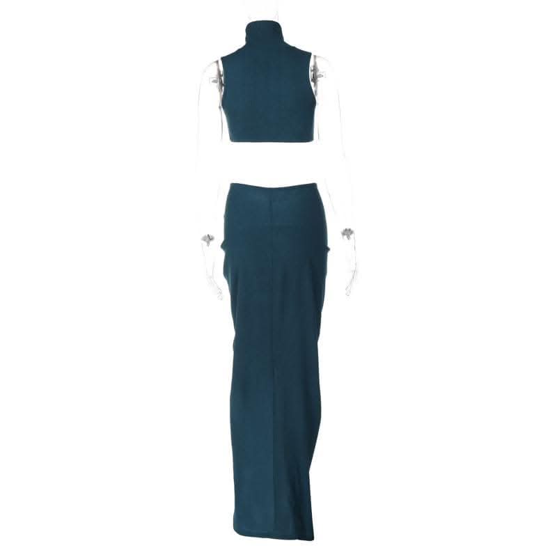 Slit textured sleeveless high neck ruched solid maxi skirt set-final-sale
