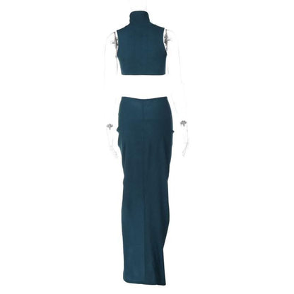 Slit textured sleeveless high neck ruched solid maxi skirt set-final-sale