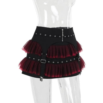 Mesh garter belt ruffle zip-up mini skirt
