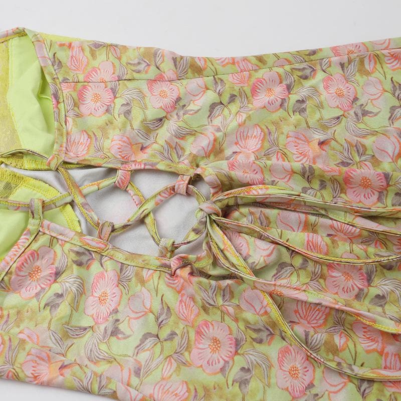 Sweetheart neck lace flower print knotted cami maxi dress