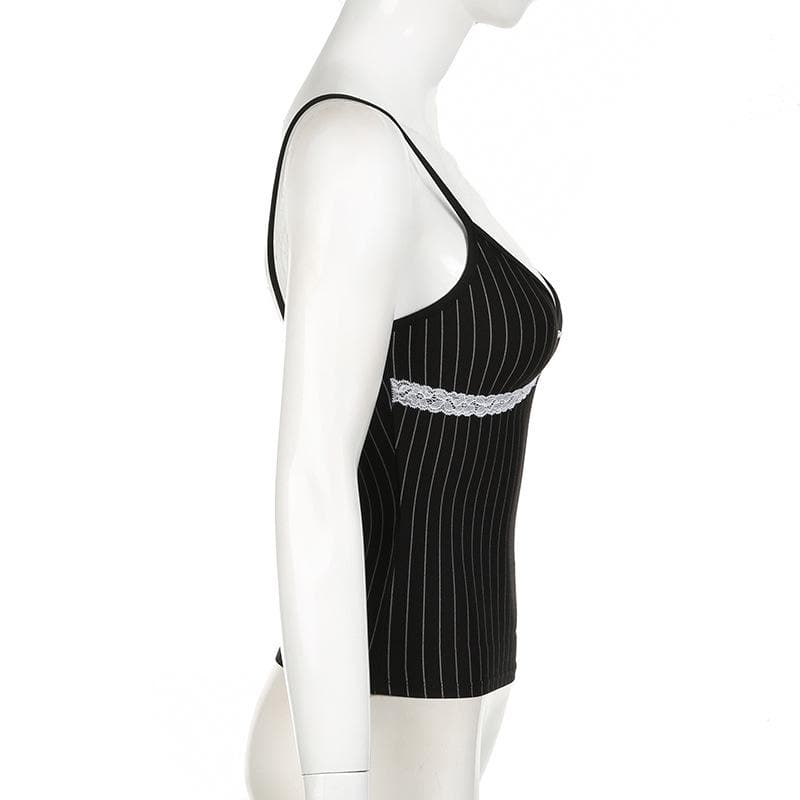 Bowknot lace hem striped v neck cami top