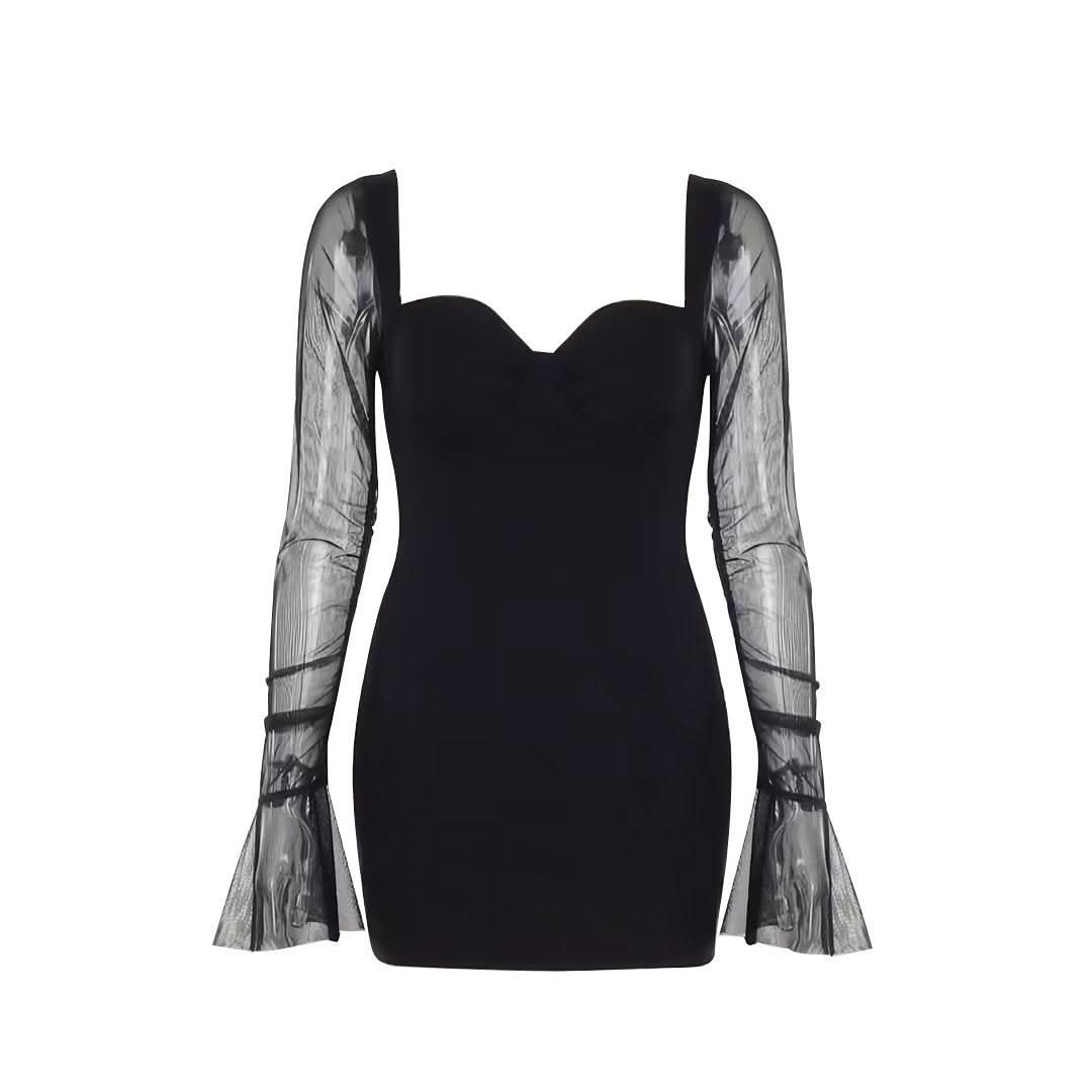 Sweetheart neck long sleeve mesh mini dress