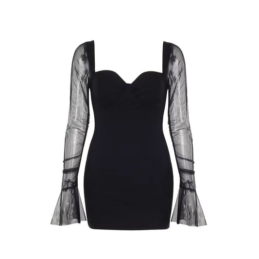 Sweetheart neck long sleeve mesh mini dress