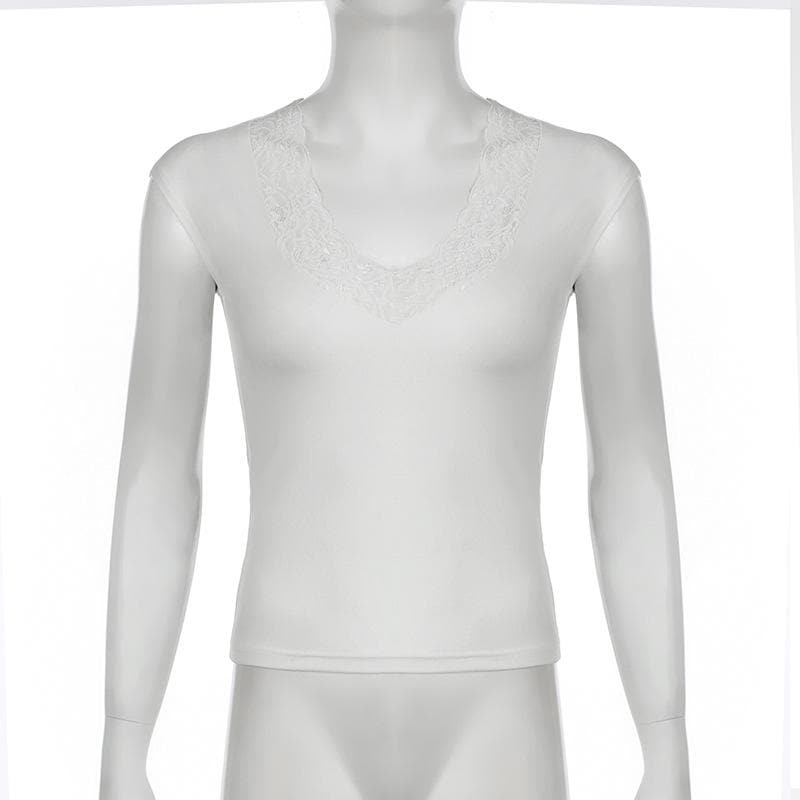 V neck cap sleeve lace hem top