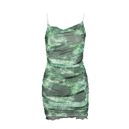 Sheer mesh tie dye print spaghetti strap cowl neck cami dress