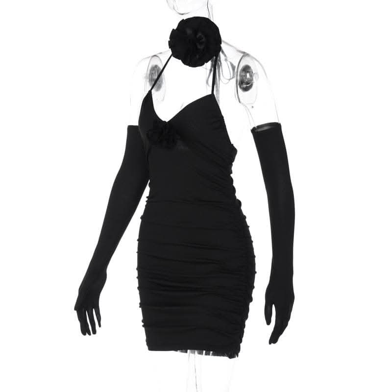 Gloves v neck halter backless flower applique mini dress-final-sale