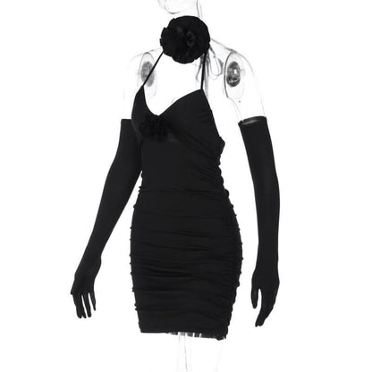 Gloves v neck halter backless flower applique mini dress-final-sale