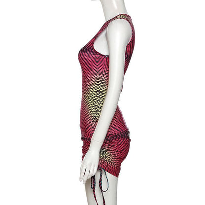 One Shoulder Drawstring Ruched Geometric Print Mini Dress