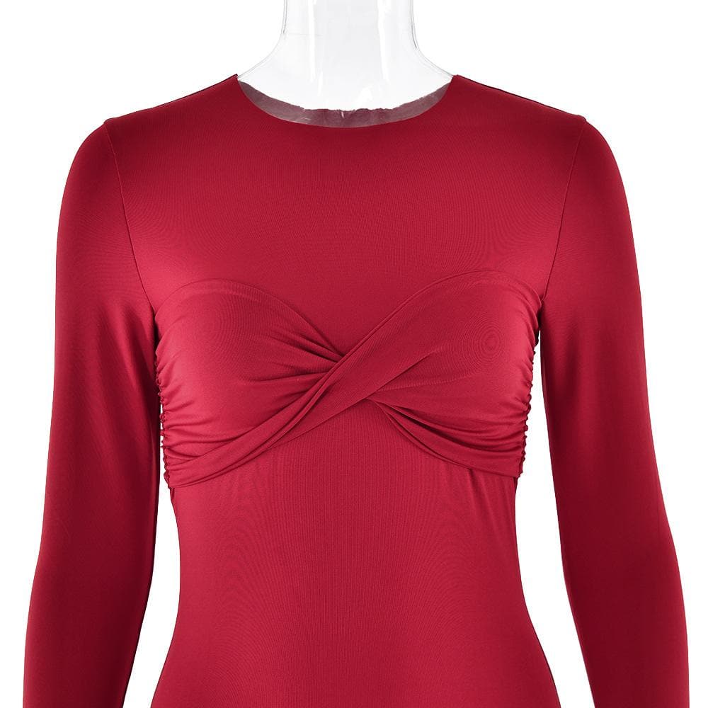 Long sleeve crewneck ruched cross front maxi dress
