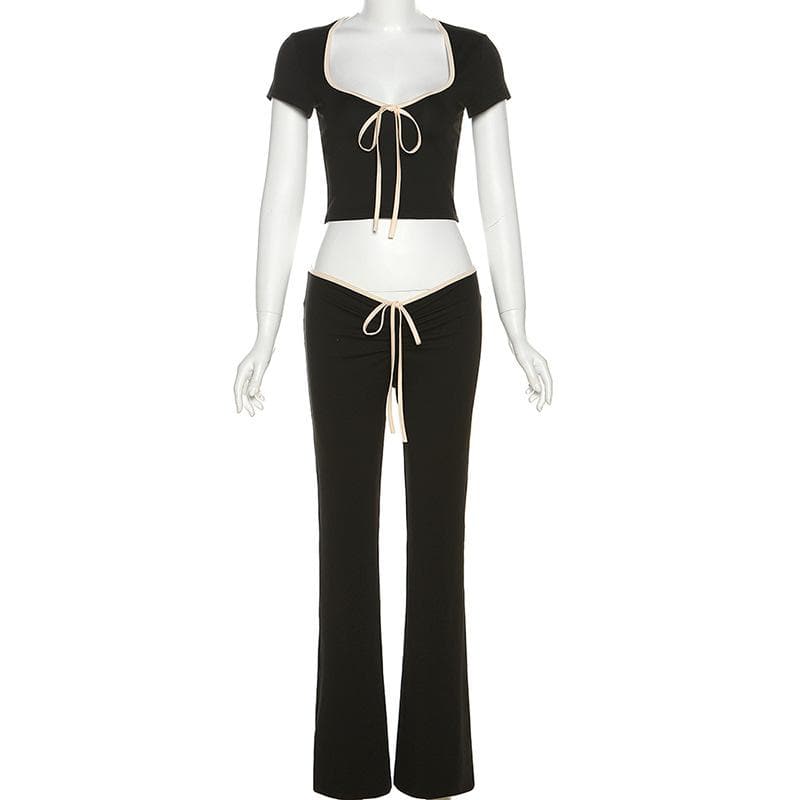 Contrast self tie v neck short sleeve low rise pant set