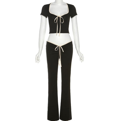 Contrast self tie v neck short sleeve low rise pant set