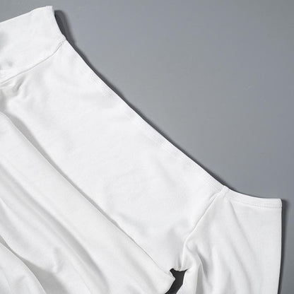 Ribbed long flared sleeve solid ruched off shoulder top