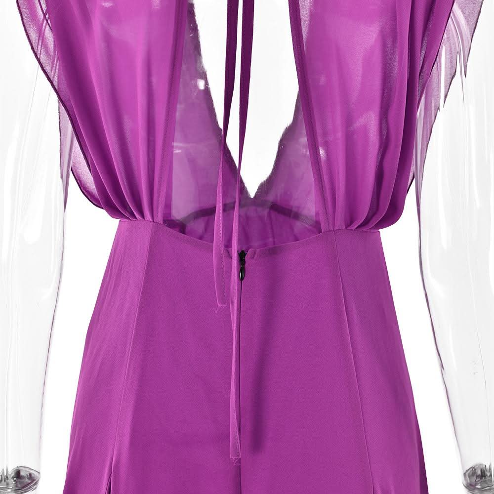 Slit deep V neck backless self tie solid maxi dress