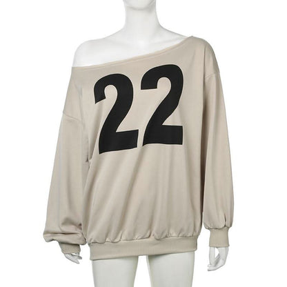 Long sleeve off shoulder "22" print top