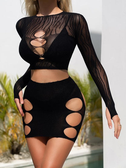 Long sleeve zebra sheer mesh mini skirt set
