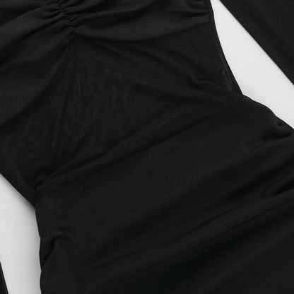 Long sleeve mesh patchwork ruched mini dress