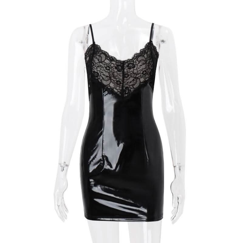 Lace hem v neck PU leather zip-up mini dress