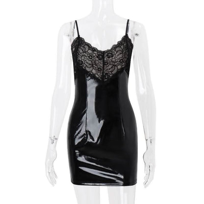 Lace hem v neck PU leather zip-up mini dress