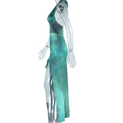 Halter corset deep v neck drawstring ruched slit maxi dress