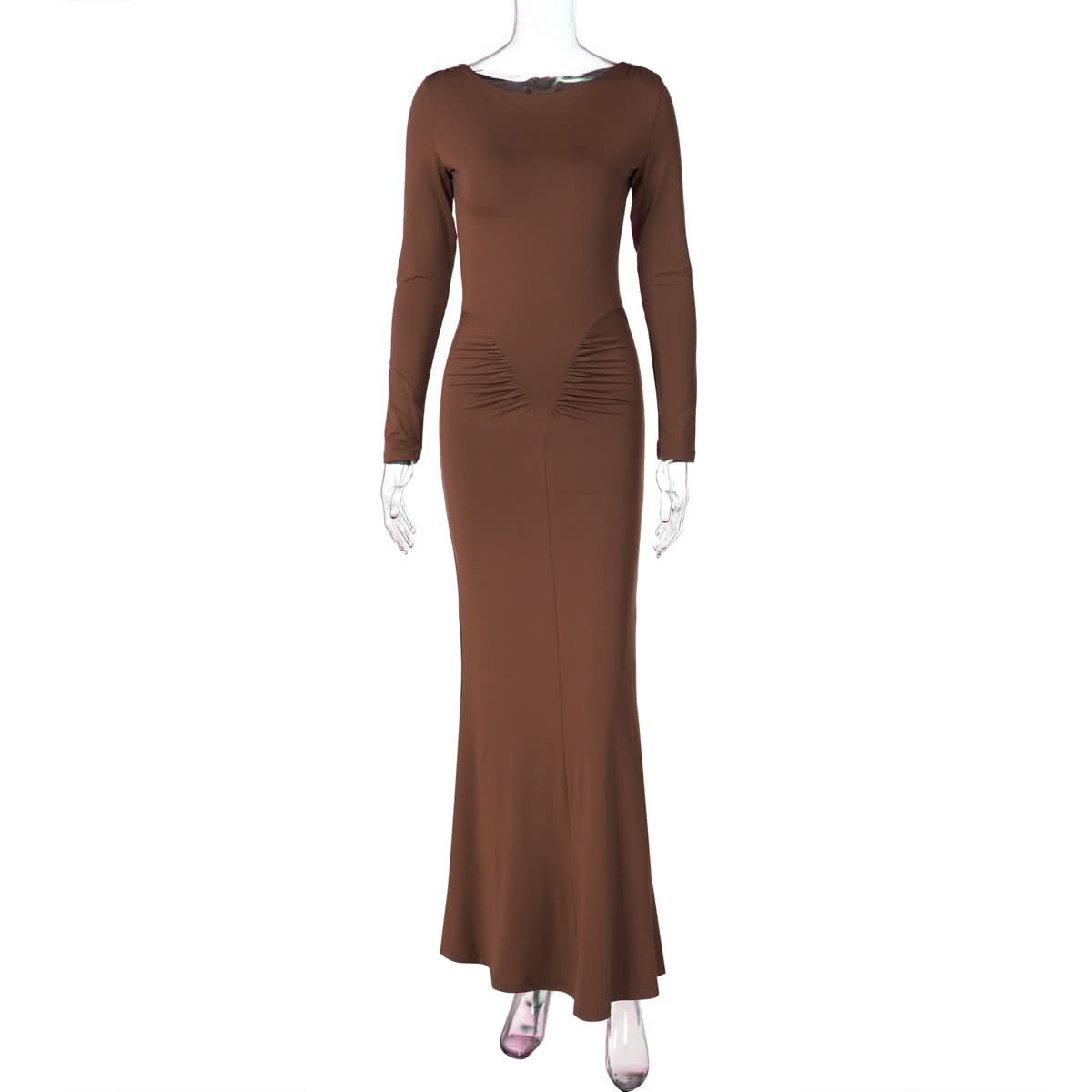 Long sleeve crewneck ruched solid maxi dress