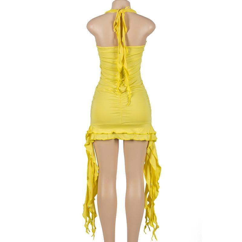 Self tie halter ruffle ruched v neck ribbon backless mini dress