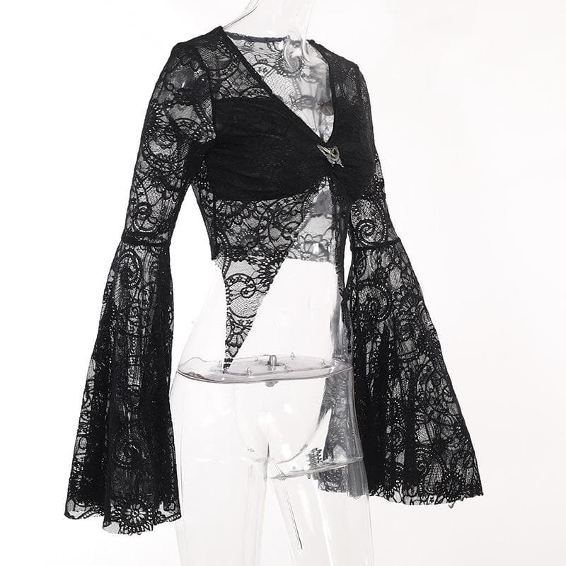 Flared sleeve lace slit v neck solid crop top