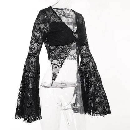 Flared sleeve lace slit v neck solid crop top