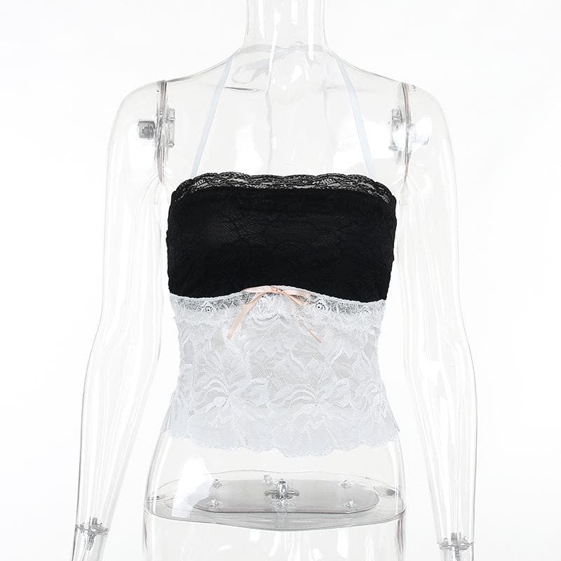 Halter bowknot lace contrast backless see through crop top