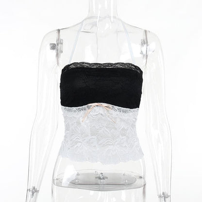 Halter bowknot lace contrast backless see through crop top