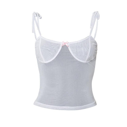 Sheer mesh see through bowknot self tie cami top
