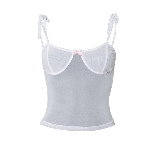 Sheer mesh see through bowknot self tie cami top