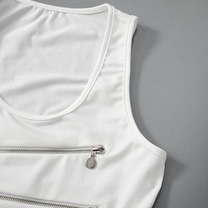 Zip-up hollow out u neck irregular solid cut out top