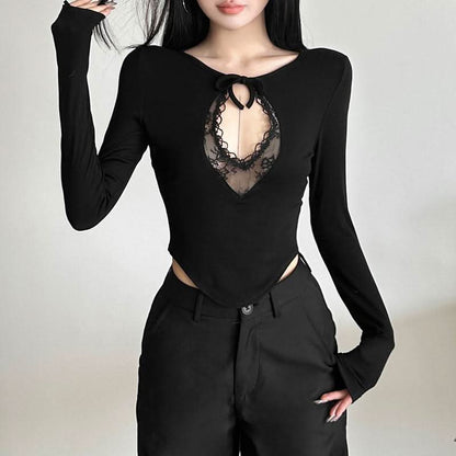 Long sleeve crewneck hollow out lace ribbed cut out top