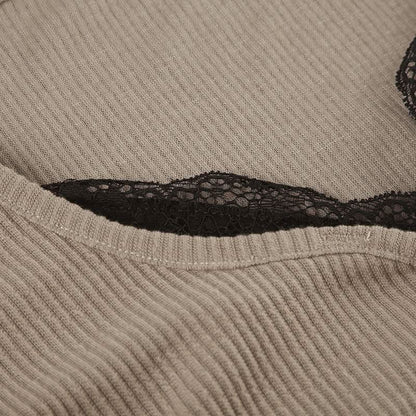 Long sleeve lace hem patchwork button top