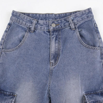 Cargo pocket button high rise straight leg jeans