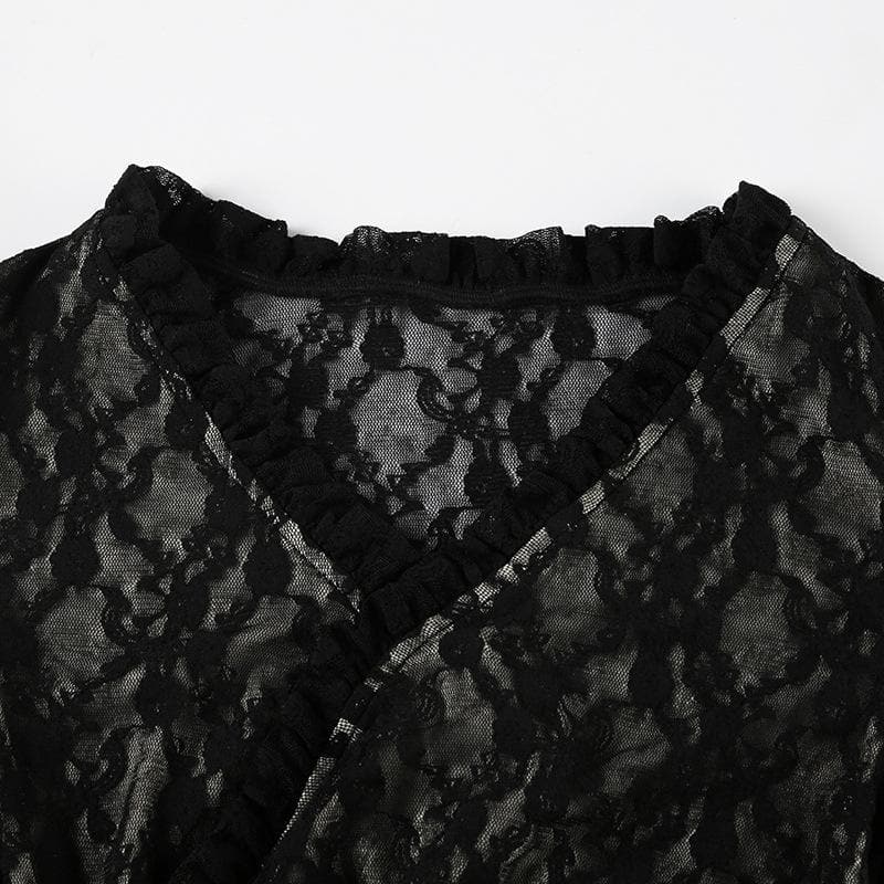 Long sleeve v neck lace button top