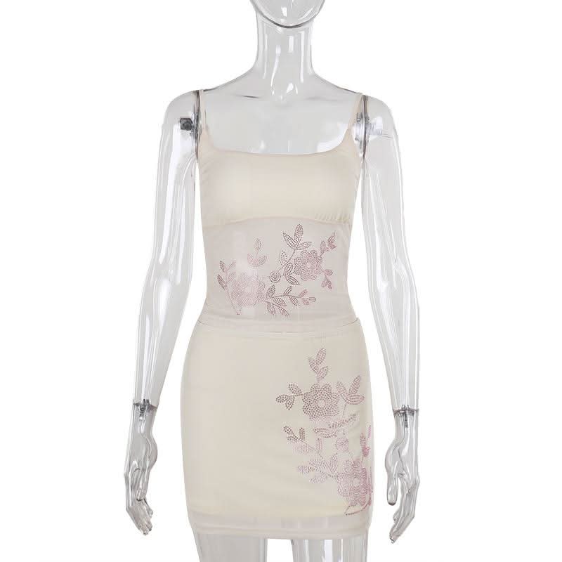 U neck beaded flower pattern mesh cami mini skirt set