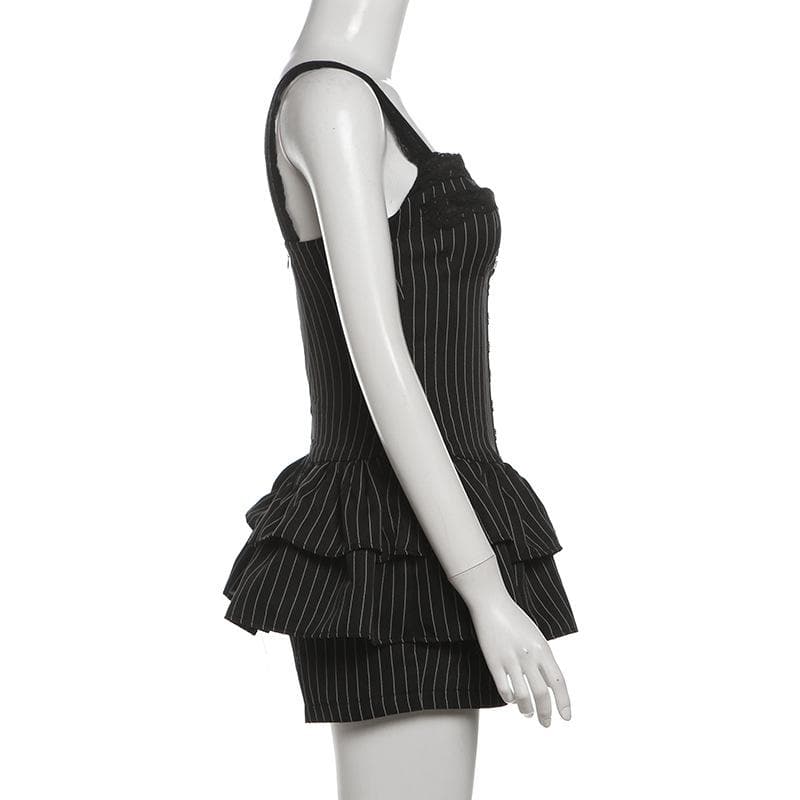 Lace hem striped button ruched cami romper
