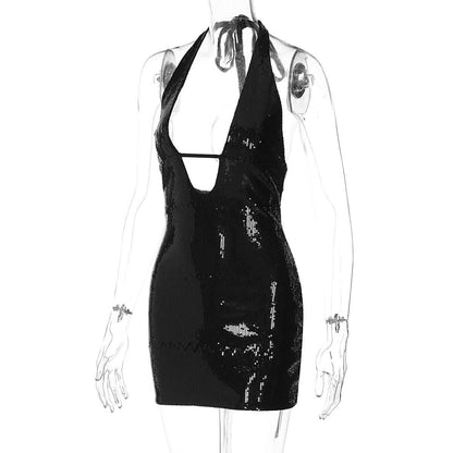 Halter v neck glitter backless mini dress