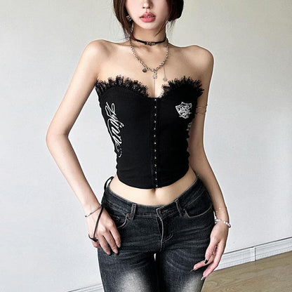 Lace hem button print tube backless solid top
