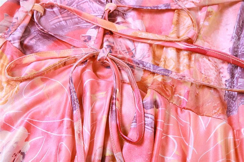 Lace up flower print contrast backless tube maxi dress