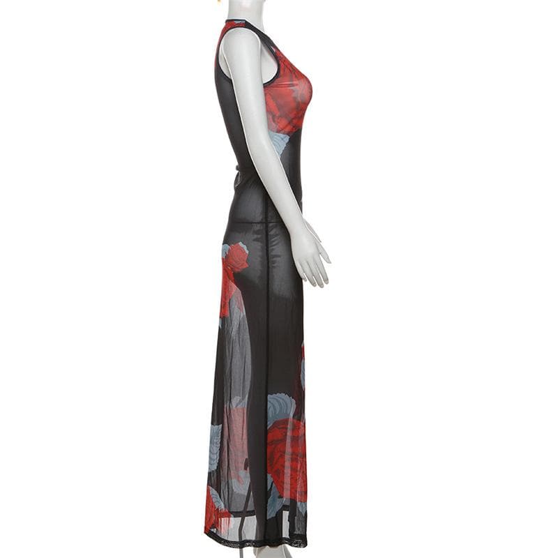 Sleeveless flower print mesh see through maxi dress