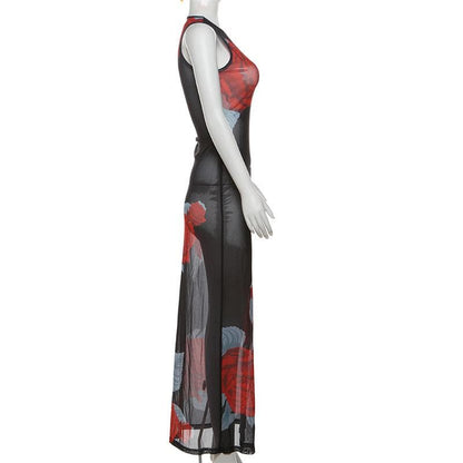 Sleeveless flower print mesh see through maxi dress
