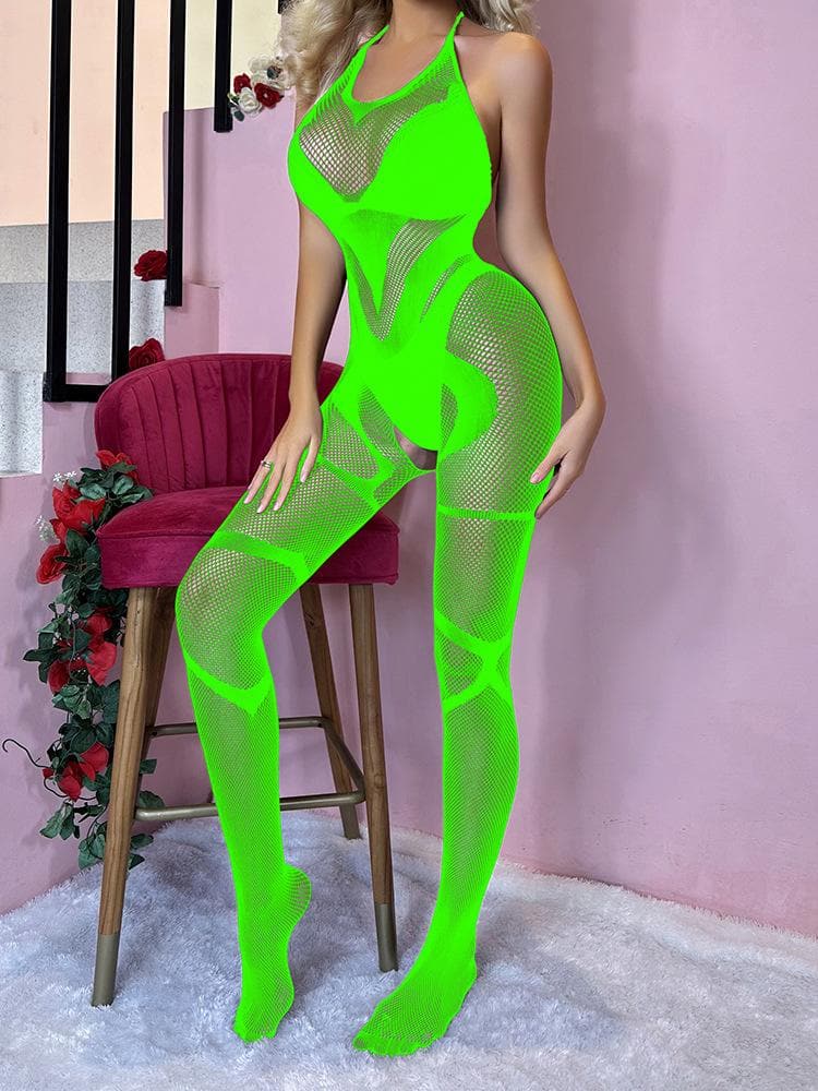 Halter backless fishnet open crotch bodystocking