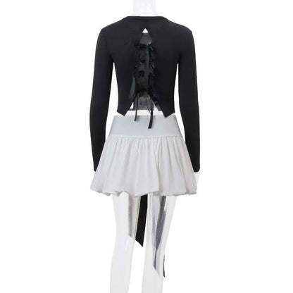 Long sleeve crewneck bowknot lace up ribbon ruched mini skirt set