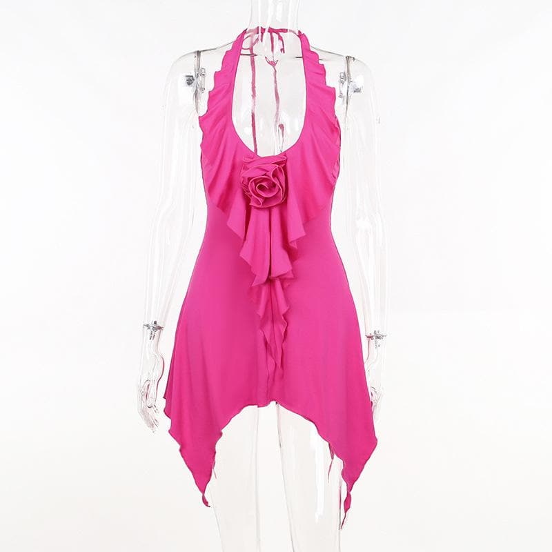 Halter flower applique backless ruffle u neck solid mini dress
