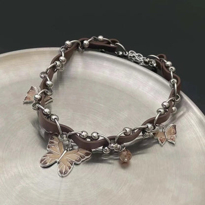 Butterfly pendant PU leather choker necklace
