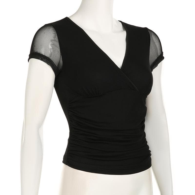 Short sleeve v neck mesh ruched solid top